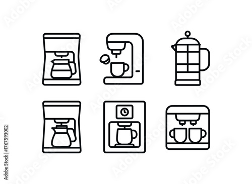 simple outline stroke icon isolated on white background drip coffee machine single serve pod brewer French press coffee maker thermal carafe brewer programmable timer model compact two cup