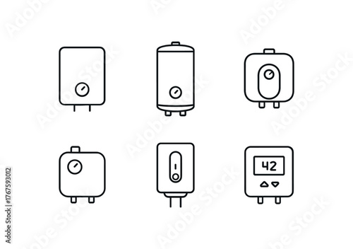 simple outline stroke icon isolated on white background tankless electric heater standard 30 gallon tank compact under sink heater point of use tank mounted water heater digital control