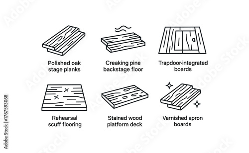 simple outline stroke icon isolated on white background polished oak stage planks creaking pine backstage floor trapdoor integrated boards rehearsal scuff flooring stained wood platform