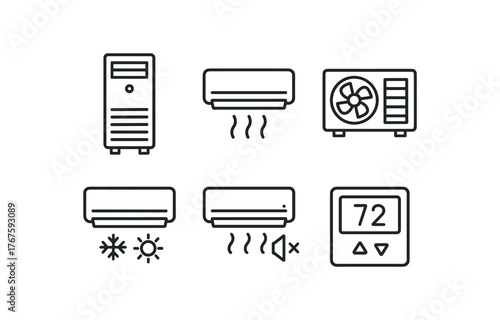 simple outline stroke icon isolated on white background floor standing AC ductless split system compact window model cooling + heating AC low noise bedroom AC digital thermostat unit