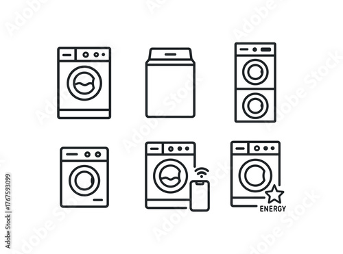 simple outline stroke icon isolated on white background front load washer top load washer stackable unit compact apartment size washer smart washer with app control energy rated washer