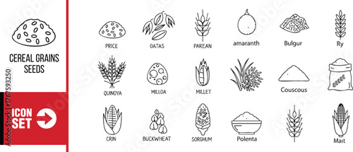 Cereal grains seeds icon set, agriculture and food concept