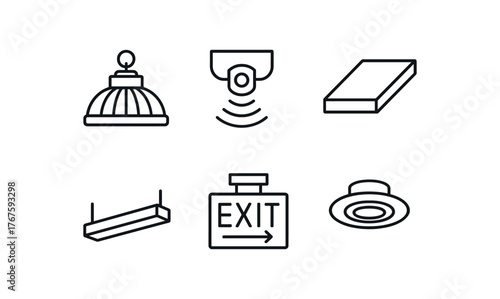 simple outline stroke icon isolated on white background high bay LED fixture motion sensor aisle light energy saving panel ceiling strip light emergency LED sign overhead daylight unit