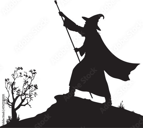 Black silhouette vector illustration of a Wizard casting spell