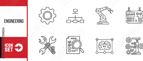 Engineering icon set featuring tools, gear, and automation