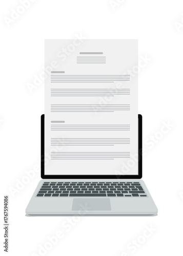 Text document writing on computer, laptop screen with article page reading icon symbol isolated, concept of blogging or letter creation clipart stock illustration.