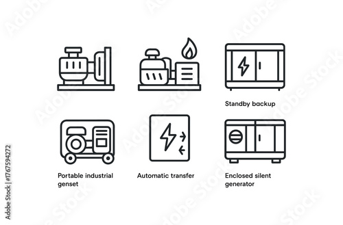 simple outline stroke icon isolated on white background diesel generator natural gas genset standby backup generator portable industrial genset automatic transfer switch model enclosed