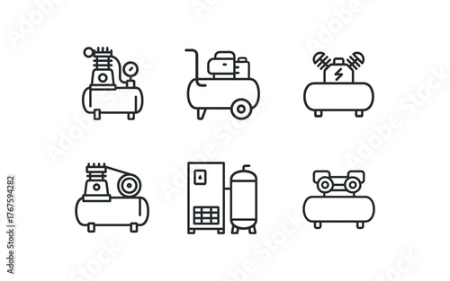 simple outline stroke icon isolated on white background high pressure booster portable compressor skid electric powered compressor belt driven shop unit refrigerated dryer combo twin
