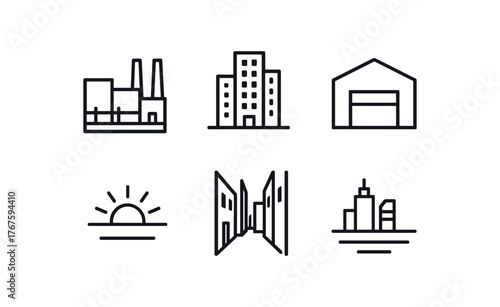 simple outline stroke icon isolated on white background industrial yard view downtown building cluster warehouse rooftop view morning sun glare side alley backdrop neon lit horizon