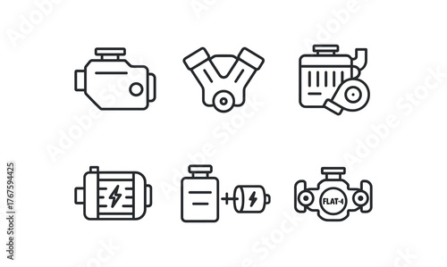 simple outline stroke icon isolated on white background inline 4 gasoline engine V6 petrol engine turbocharged diesel engine electric motor engine hybrid powertrain boxer flat 4 engine