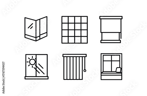 simple outline stroke icon isolated on white background corner glass unit industrial grid blackout roller shades vertical blinds natural daylight flooding window nook