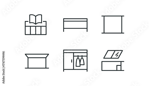 simple outline stroke icon isolated on white background reading loft space open overlook ledge minimal railing system low ceiling clearance wardrobe under mezzanine skylight above loft