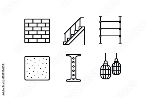 simple outline stroke icon isolated on white background raw brick steel staircase metal pipe shelving polished concrete floor riveted beams caged pendant lights