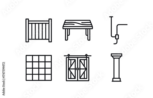simple outline stroke icon isolated on white background black steel railing reclaimed wood table visible conduit lines factory style sliding barn door exposed column post