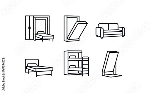 simple outline stroke icon isolated on white background Murphy bed with cabinet mounted drop down bed convertible sofa bed fold frame bed pull down bunk setup vertical lift bed