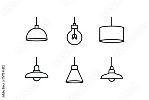simple outline stroke icon isolated on white background dome shaped metal pendant exposed filament globe oversized drum shade warehouse style fixture concrete pendant light retro enamel lamp