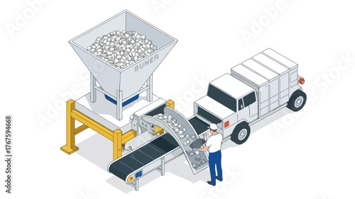 Isometric illustration of a recycling facility with a large industrial shredder processing waste materials fed by a conveyor belt and a delivery truck waiting