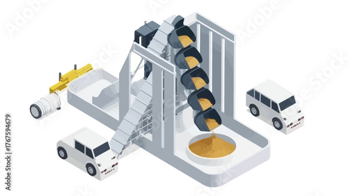 Isometric view of a modern automated factory production line with robotic arms assembling components and vehicles on a conveyor belt system