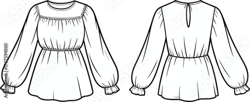 Women's blouse fashion cad drawing, flat vector illustration, gathered neckline, peplum waist, voluminous sleeves, front and back technical sketch