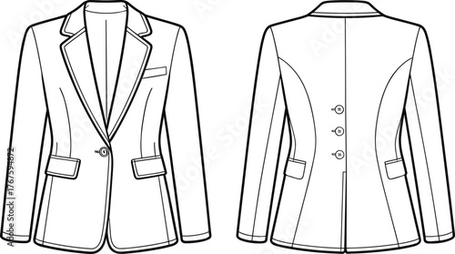 Women's blazer technical sketch, fashion flat drawing, vector garment illustration, tailored jacket design, CAD style, front back view template