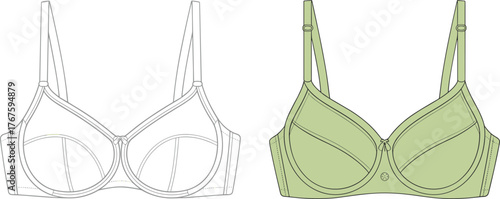 Women's bra technical fashion design, lingerie undergarment front view, CAD drawing flat vector illustration for apparel design, sewing pattern template