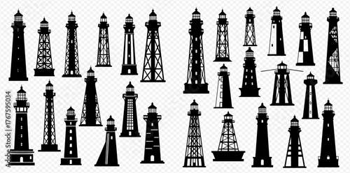 A comprehensive collection of diverse lighthouse silhouettes, showcasing various architectural styles and designs for navigation and coastal safety.