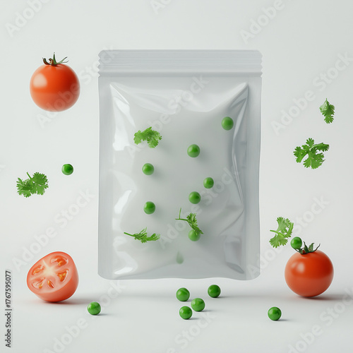 Food Packaging Mockup Featuring Glossy Pouch with Fresh Ingredients Around