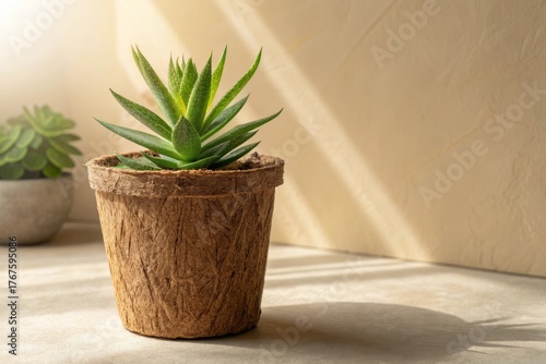 A potted succulent plant with textured coconut fiber pot