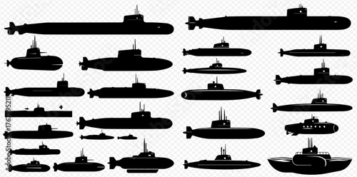 A comprehensive collection of various submarine silhouettes, showcasing different designs, sizes, and types of underwater vessels.