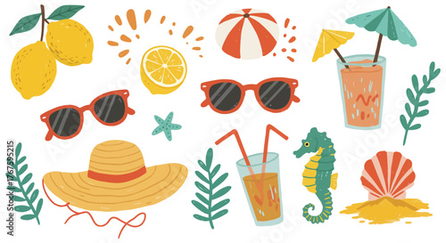 Summer vacation elements lemons sunglasses hat seahorse and cocktails illustrating beach vibes and relaxation for travel and tourism promotions.
