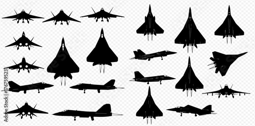 A collection of black silhouettes depicting various modern fighter jets and military aircraft from different angles against a transparent background.