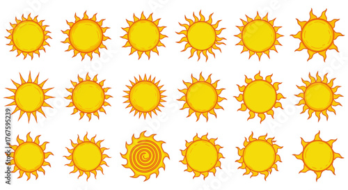 Diverse sun illustrations for summer vibes A collection of sunshine icons perfect for design elements website graphics and illustrating seasonal change.