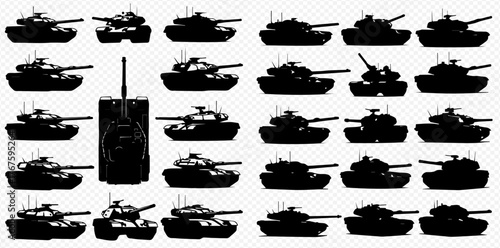 Silhouettes of military tanks and a remote control on a transparent background, vector set.