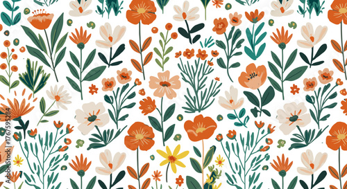 floral pattern botanical illustration with vibrant flowers and foliage on white background perfect for textiles wallpaper and seasonal greetings cards