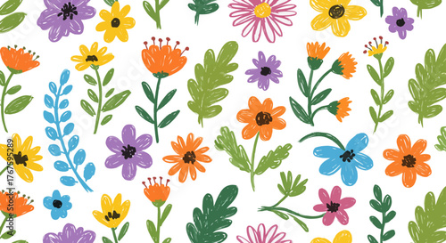 colorful floral pattern design a vibrant hand-drawn flower background perfect for spring-themed wallpaper textile prints or cheerful digital scrapbook layouts.
