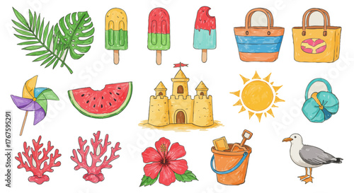 Summer beach illustration with tropical elements including coral hibiscus and ice cream perfect for creating beach-themed designs  seaside fun.