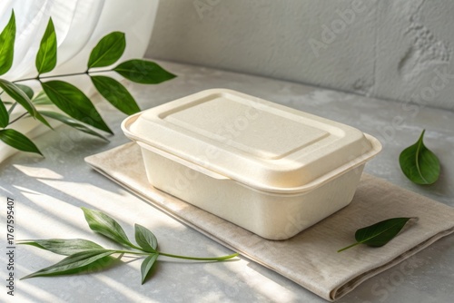 Biodegradable sugarcane fiber food container on a cloth napkin