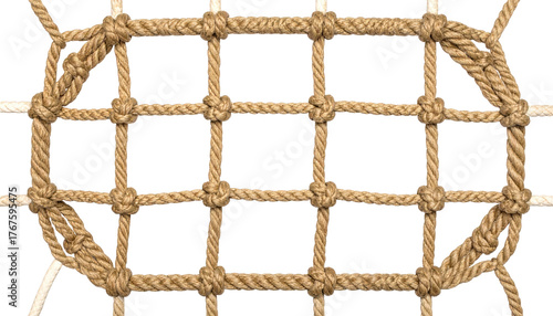 Rope net background, grid with knots. Brown and white, detailed