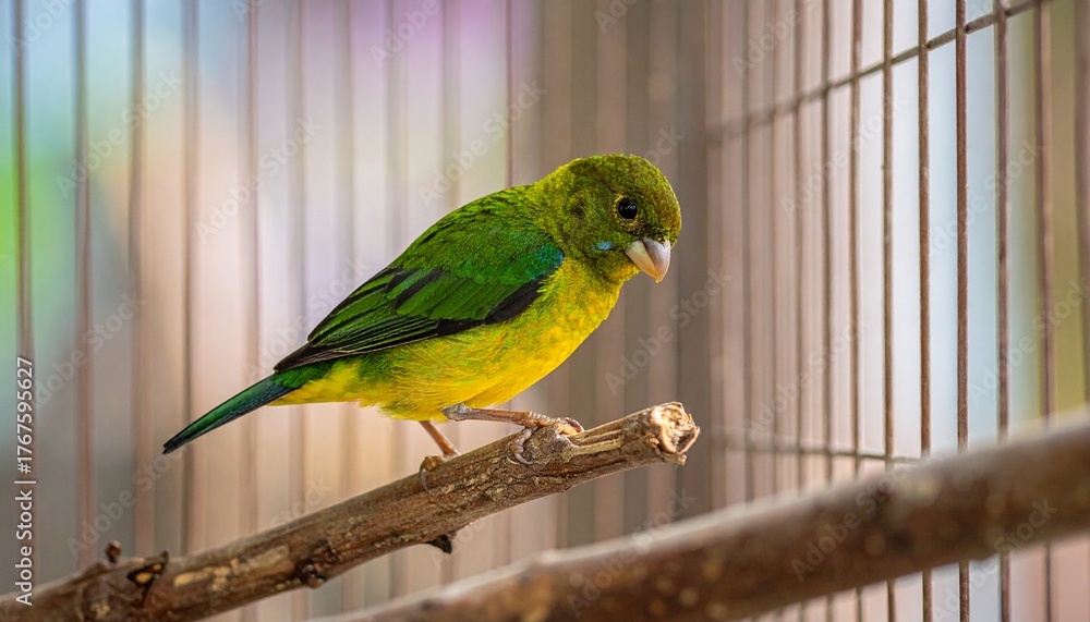 Obraz premium Green and Yellow Bird Perched on Wooden Branch Inside Cage Bright Lighting