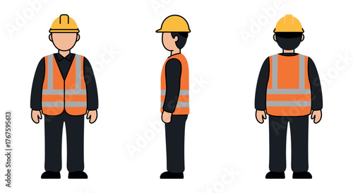 Construction worker character set Front, side, and back views of a person in safety gear, including a hard hat and reflective vest. Suitable for various applications