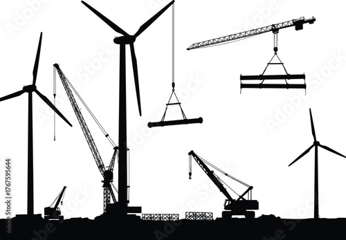 Wind turbine construction silhouette vector, crane lifting components, renewable energy infrastructure, black graphic icon, sustainable power site, industrial development illustration