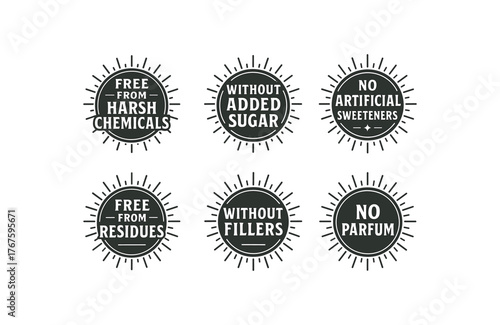 vintage badge label set with bold retro typography and starburst rays flat vector illustration style isolated on white background effects containing phrases like Free from Harsh Chemicals