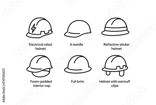 simple outline stroke icon isolated on white background electrical rated helmet low profile hard hat reflective sticker helmet foam padded interior cap full brim helmet helmet with earmuff