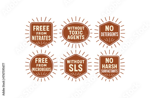 vintage badge label set with bold retro typography and starburst rays flat vector illustration style isolated on white background effects containing phrases like Free from Nitrates Without