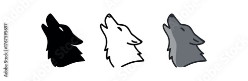 wolf howling head icon on white background Black silhouette flat icon outline icon and colored icon style. three minimal vector icon style
