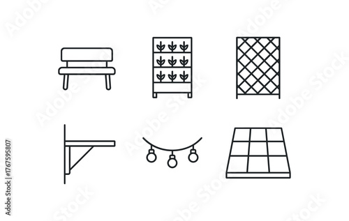 simple outline stroke icon isolated on white background compact bench vertical herb garden privacy screen panel mounted table outdoor string lights tiled balcony floor