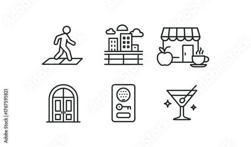 simple outline stroke icon isolated on white background walkable area rooftop city view near grocery and café shared building access buzzer entry system close to nightlife
