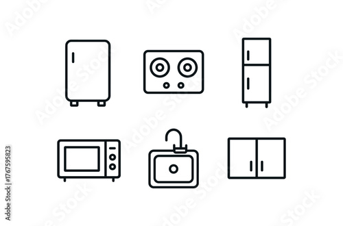 simple outline stroke icon isolated on white background fridge unit two burner stove narrow mounted microwave small sink basin limited cabinet space