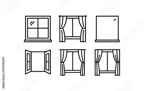 simple outline stroke icon isolated on white background large front facing window minimal curtains bright white walls corner light reflection open window sills sheer drapes