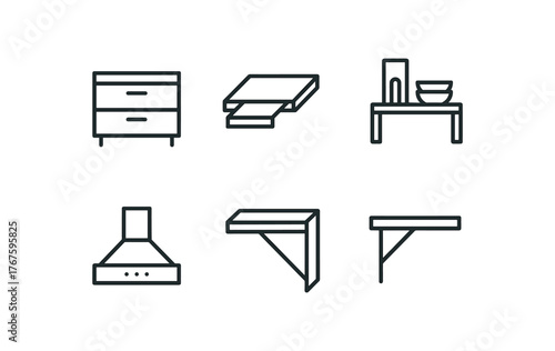 simple outline stroke icon isolated on white background under appliances pull prep board single row layout high shelf storage integrated exhaust hood foldable side table